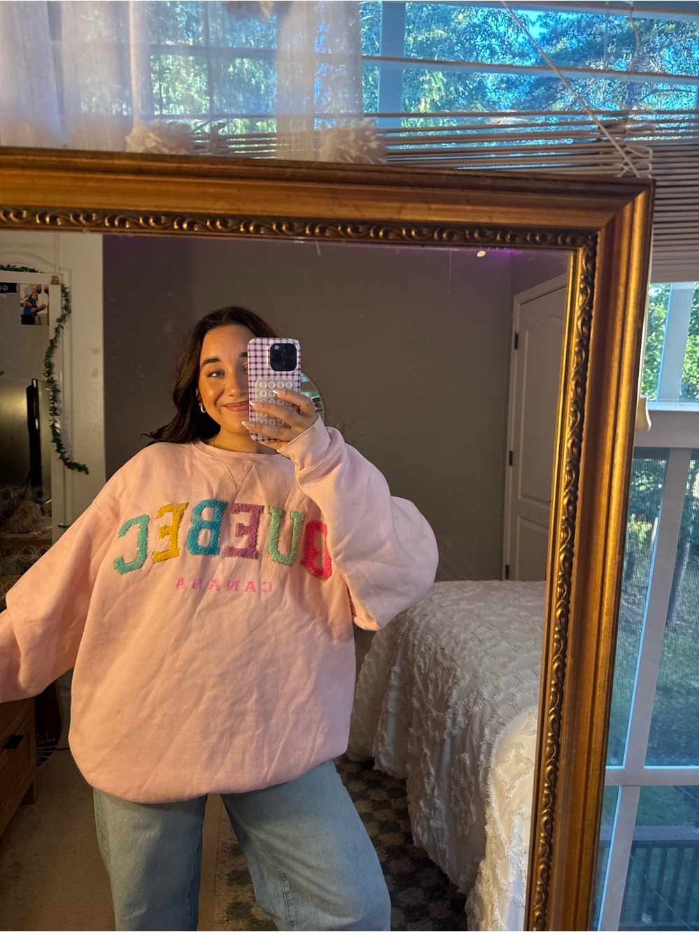 Pastel Pink Embroidered Crewneck Sweater with Multicolor Lettering